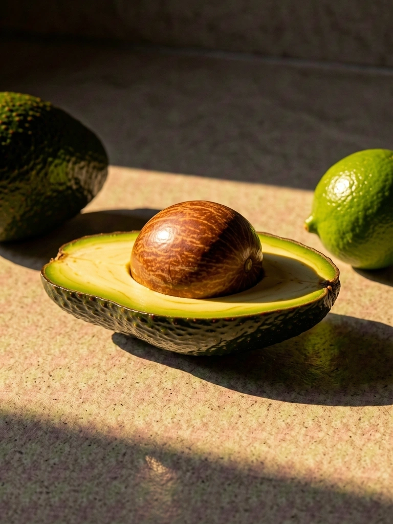 Aguacate fresco sobre superficie minimalista