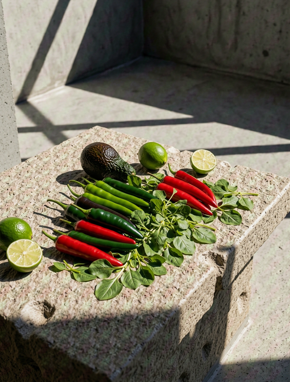Ingredientes frescos en un mercado mexicano con sombras arquitectónicas