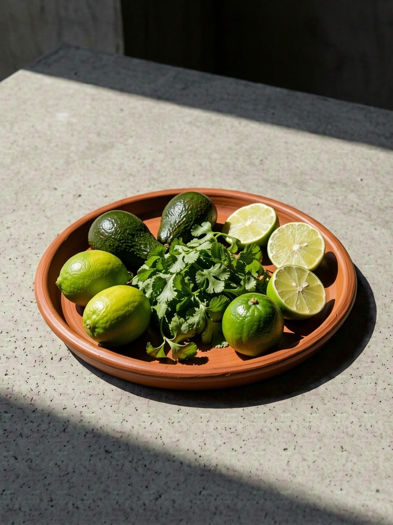 Limones y cilantro en plato de barro